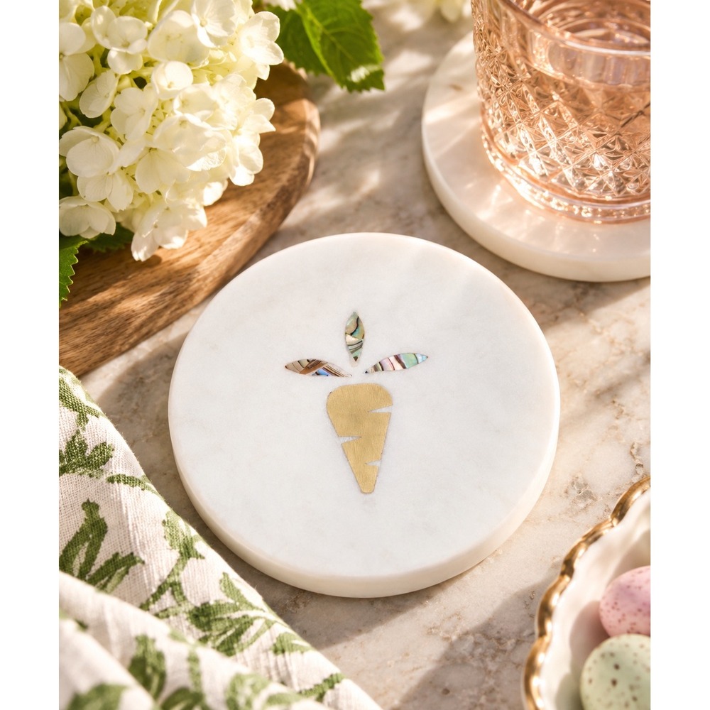 Anthropologie Briar Marble Coaster Mother of Pearl Brass Carrot 4"
